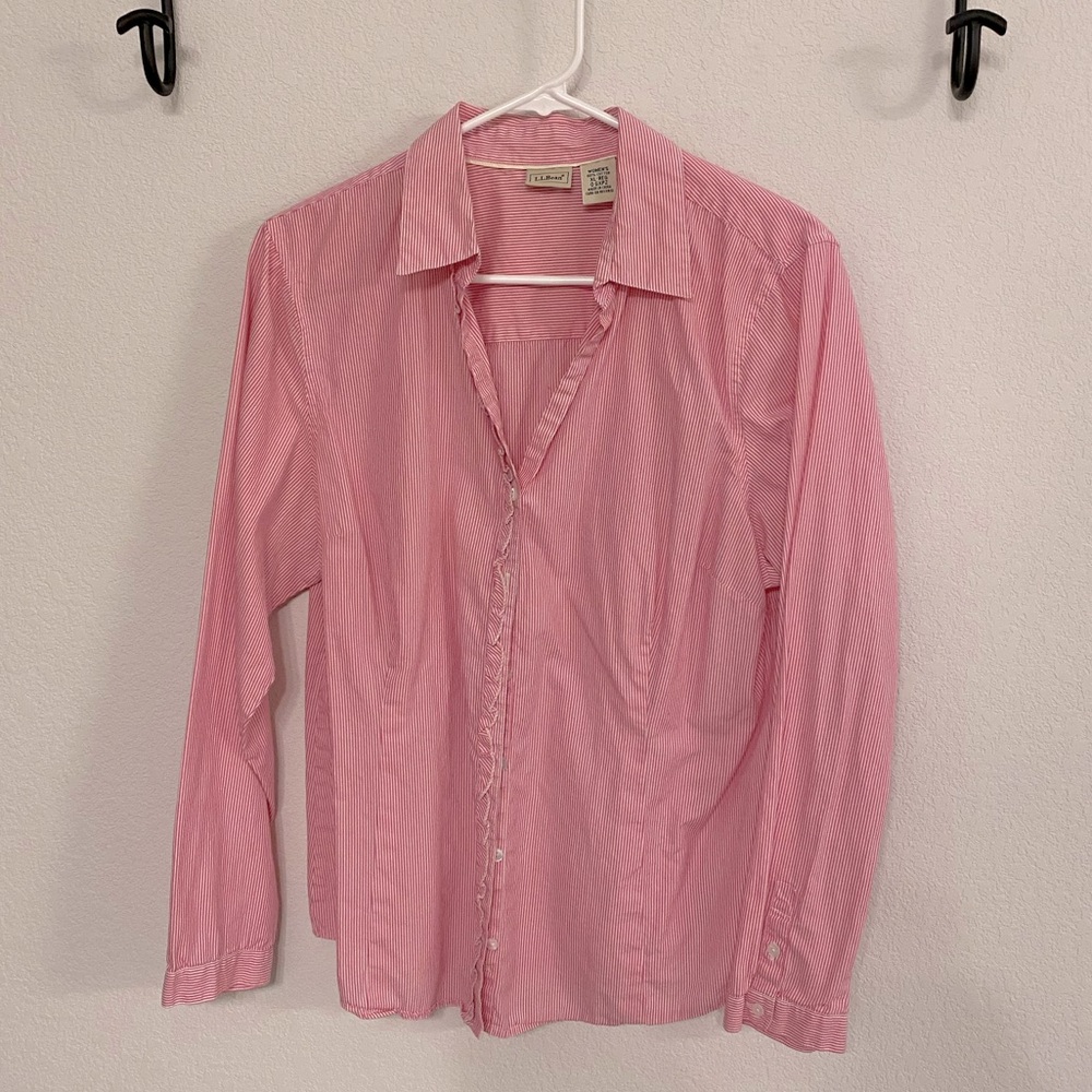 LL Bean pink pinstriped button down